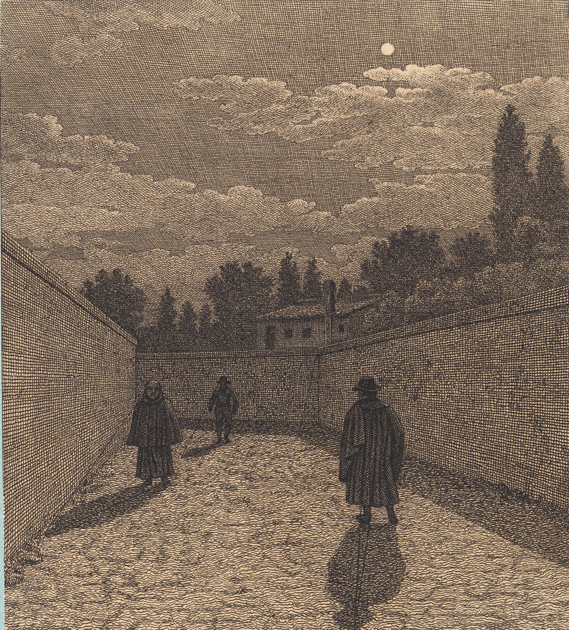 Maanlicht over een weg met drie figuren. Illustratie voor "Linearperspectiven", Plaat IV door Christoffer Wilhelm Eckersberg