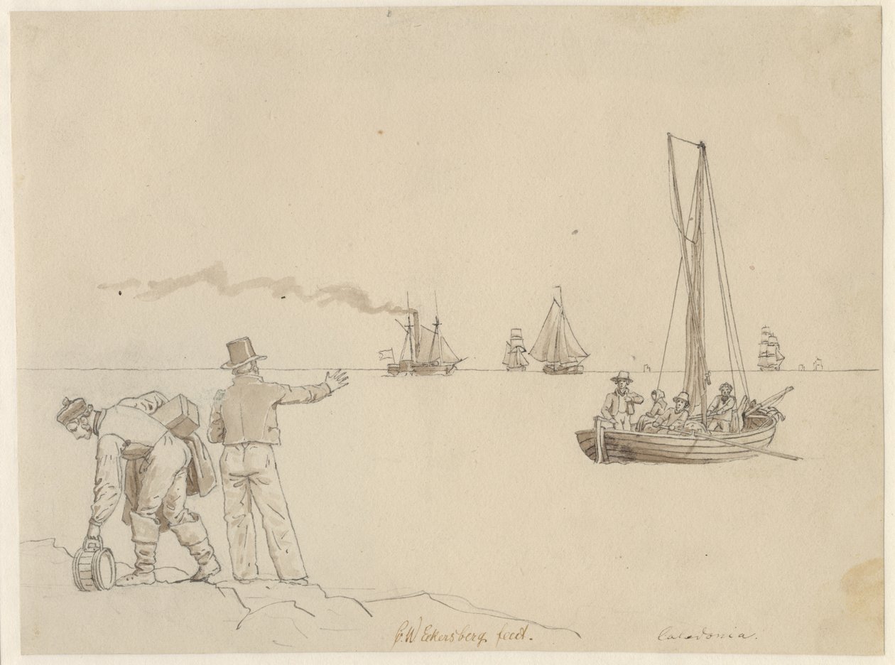 Passagiers worden overgezet naar het stoomschip Caledonia door Christoffer Wilhelm Eckersberg