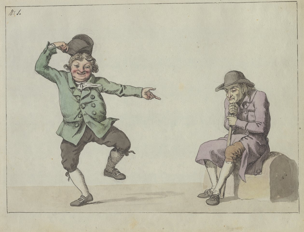 Satirisch blad; een man springt en lacht terwijl hij wijst naar een zittende oude man door Christoffer Wilhelm Eckersberg