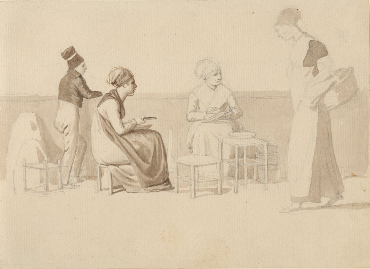 Scène van een binnenplaats of kade in Parijs. Vier zittende, staande en lopende figuren. door Christoffer Wilhelm Eckersberg