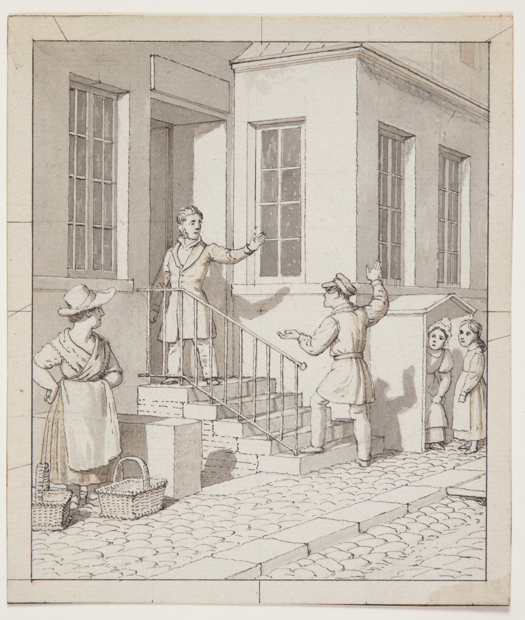 Ruzie op de trap. Voorstudie voor "Lineairperspectief toegepast op de schilderkunst", Tafel VII, 2 door Christoffer Wilhelm Eckersberg