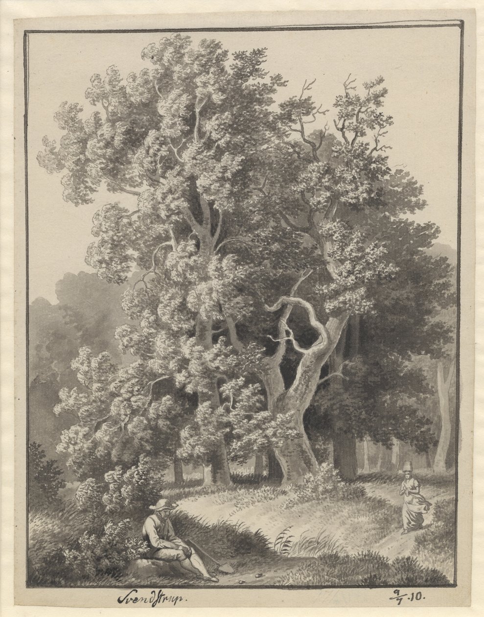 Boslandschap bij Svendstrup met een paar figuren, vooraan een zittende man met een spade door Christoffer Wilhelm Eckersberg
