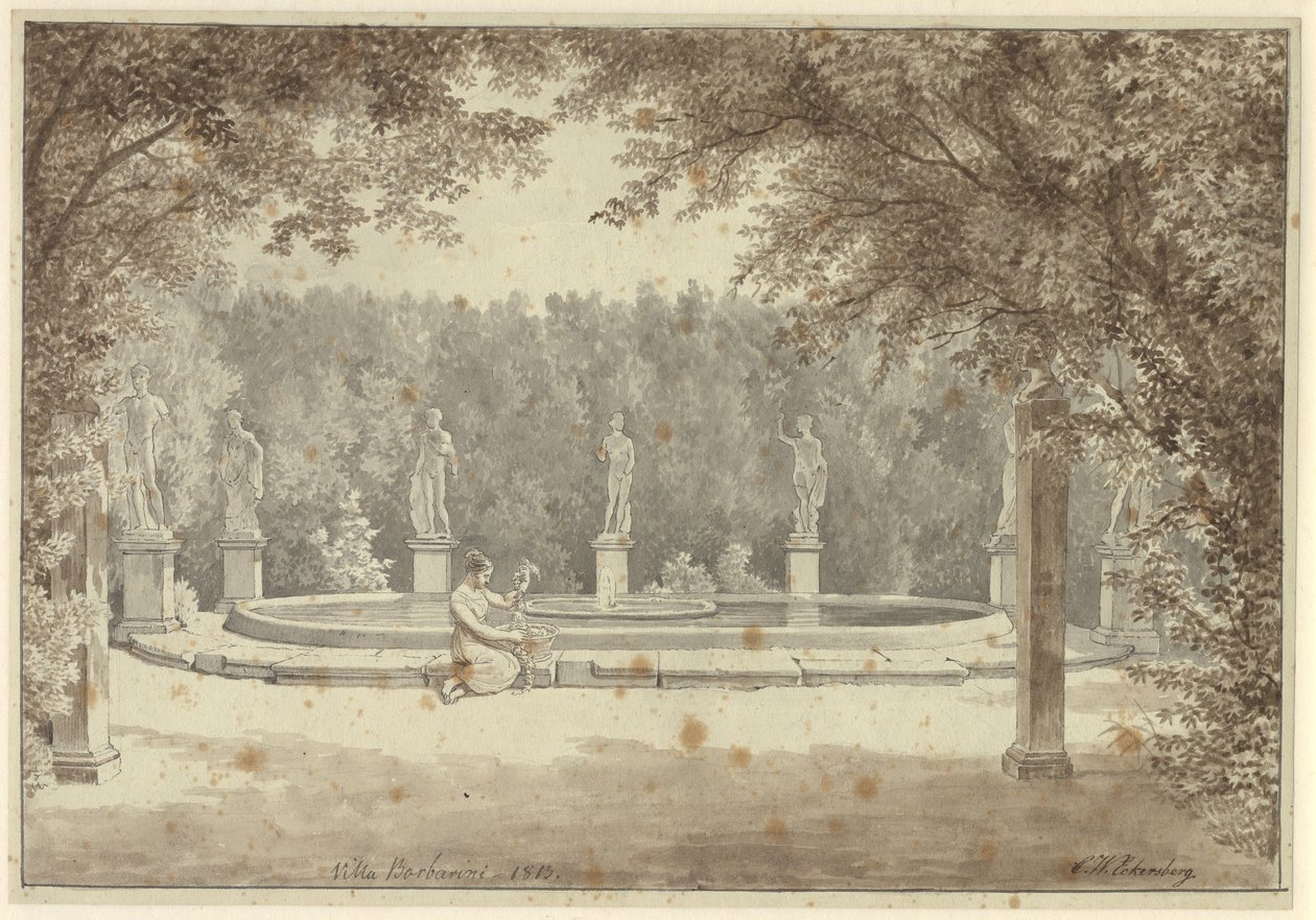 De fontein in de tuin van Palazzo Barberini, Rome door Christoffer Wilhelm Eckersberg