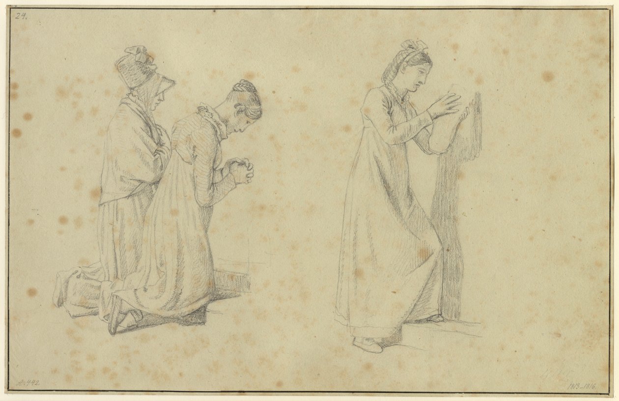 Studie van een staande en twee knielende vrouwenfiguren door Christoffer Wilhelm Eckersberg