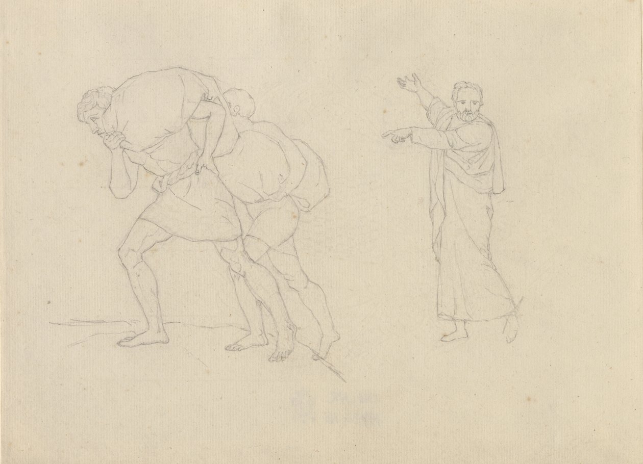 Studie van twee mannen, beladen met lasten op weg naar boven op een berg door Christoffer Wilhelm Eckersberg