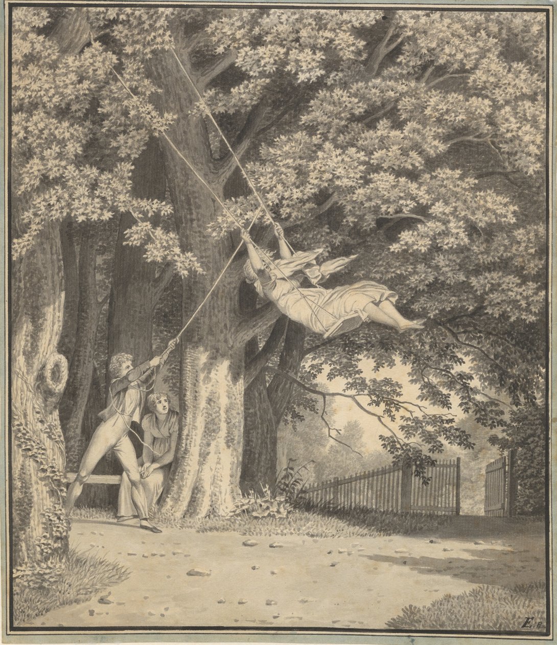 Het Bos bij Skjoldnæsholm met een Jonge Man die een Jong Meisje Zwiert door Christoffer Wilhelm Eckersberg