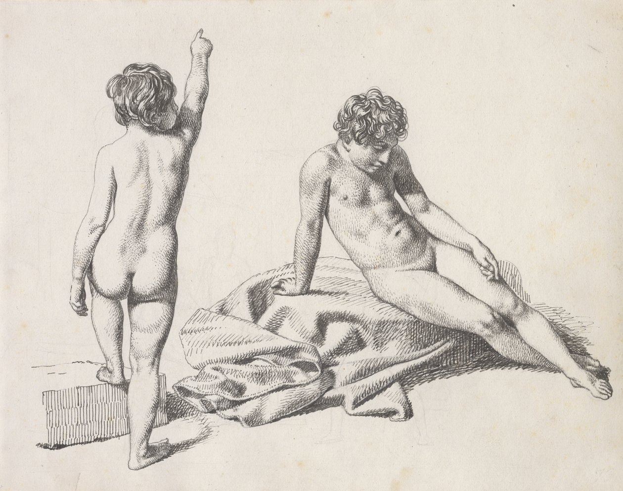 Twee naakte kleine meisjes, de een zittend van voren gezien, de ander staand van achteren gezien door Christoffer Wilhelm Eckersberg