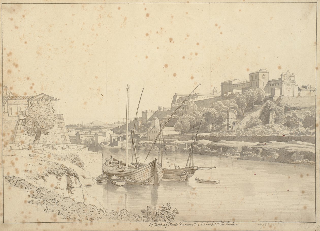 Uitzicht over de Tiber bij Porto di Ripa Grande buiten Porta Portese richting Marmorata en de kerken op Monte Aventino, Rome door Christoffer Wilhelm Eckersberg