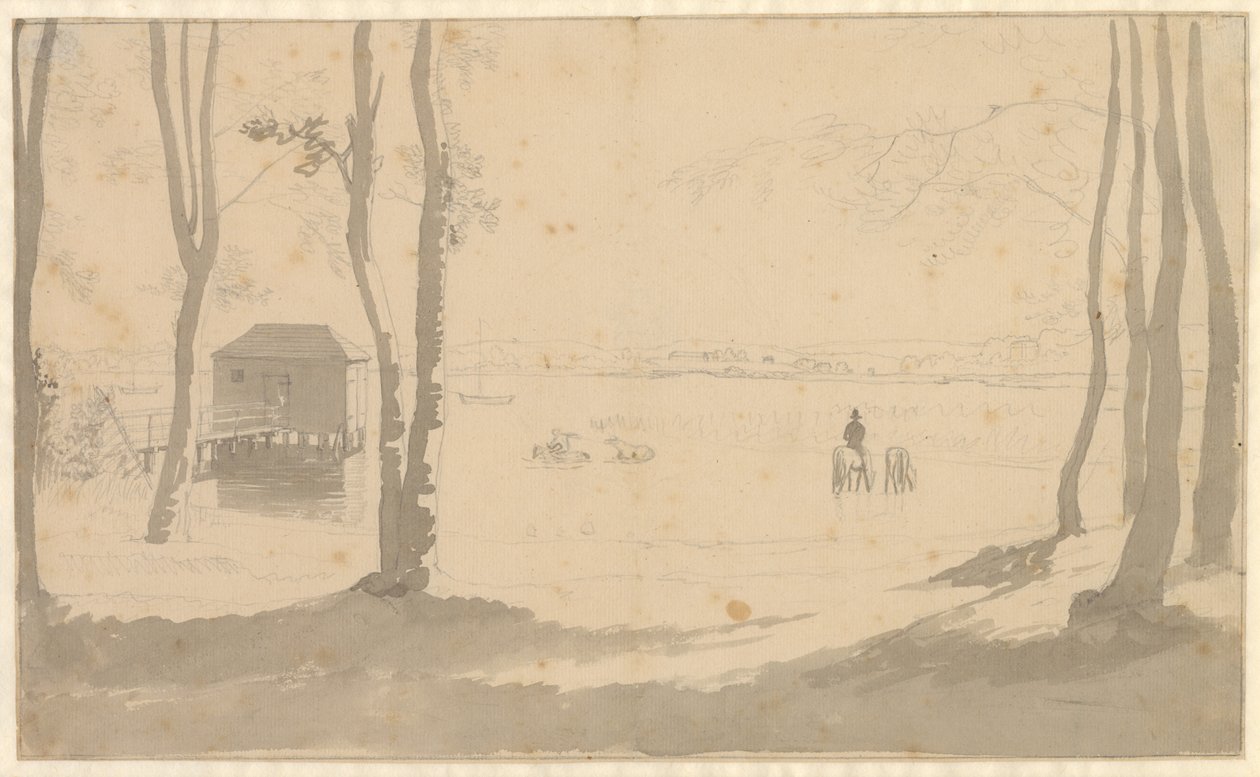 Uitzicht over een meer, links een badhuis, in het midden ruiters die paarden drenken, de voorgrond is bebost door Christoffer Wilhelm Eckersberg