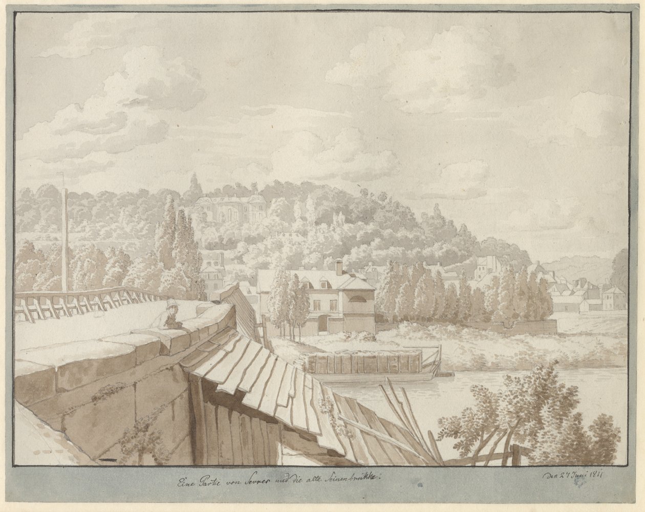 Uitzicht vanaf Sevres op de oude Seinebrug met het park in Saint Cloud op de achtergrond door Christoffer Wilhelm Eckersberg
