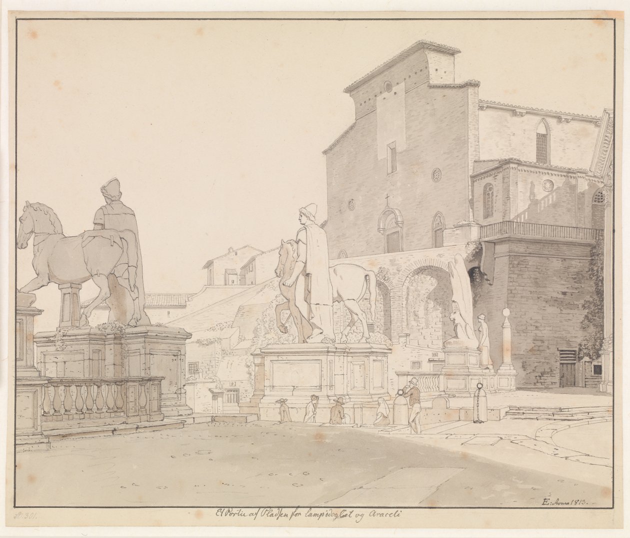 Uitzicht op het Campidoglio en Santa Maria in Aracoeli, Rome door Christoffer Wilhelm Eckersberg