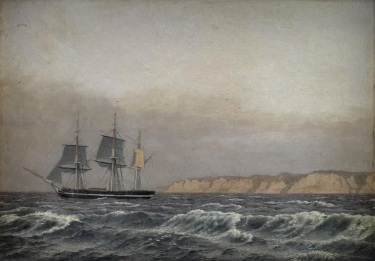 Uitzicht op de kliffen van Møn en een korvet door Christoffer Wilhelm Eckersberg