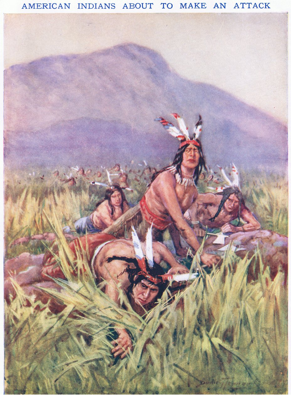 Amerikaanse indianen op het punt van aanvallen door C. Dudley Tennant