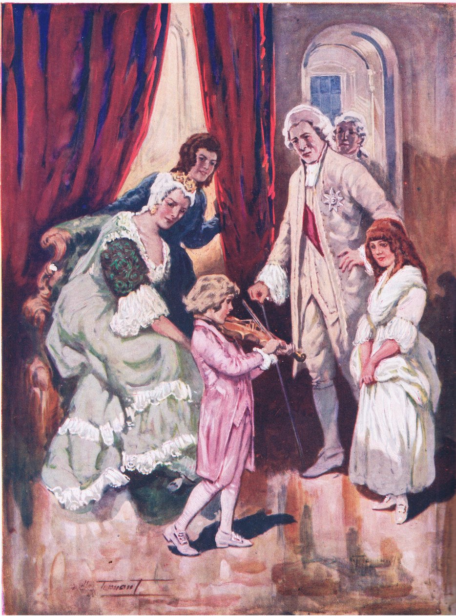 Het winnen van de harten van zijn koninklijk publiek: Mozarts eerste optreden aan het Oostenrijkse hof (kleur litho) door C. Dudley Tennant