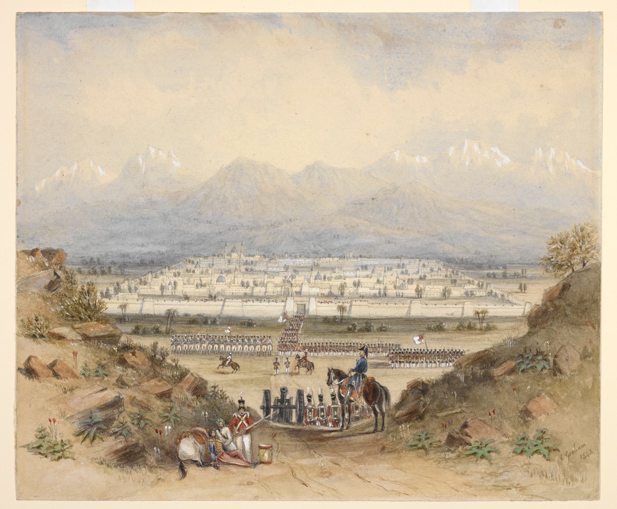 Een generaal die cavalerie en infanterie inspecteert, die op het punt staan een ommuurde stad in bergachtig gebied binnen te gaan, misschien Kandahar (N.W.F.P.). 1843, naar een eerdere schets. door C. Graham