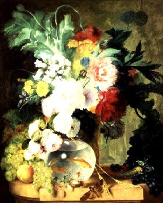 Stilleven met bloemen en vissenkom door C. Kuipers