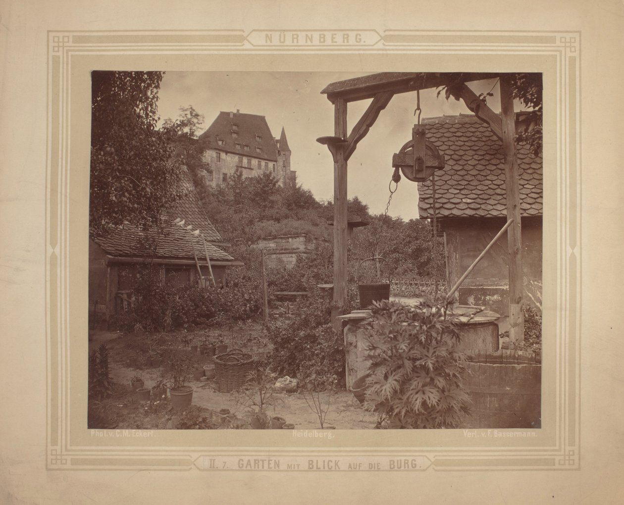 Heidelberg - Uitzicht op het kasteel vanuit de tuin, ca. 1870 (albuminedruk op karton) door C. M. Eckert