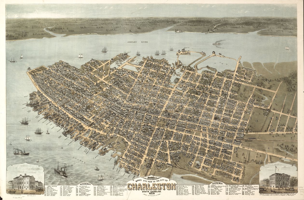 Gezicht in vogelvlucht op de stad Charleston, South Carolina 1872. LOC 75696567 door C. N. Drie