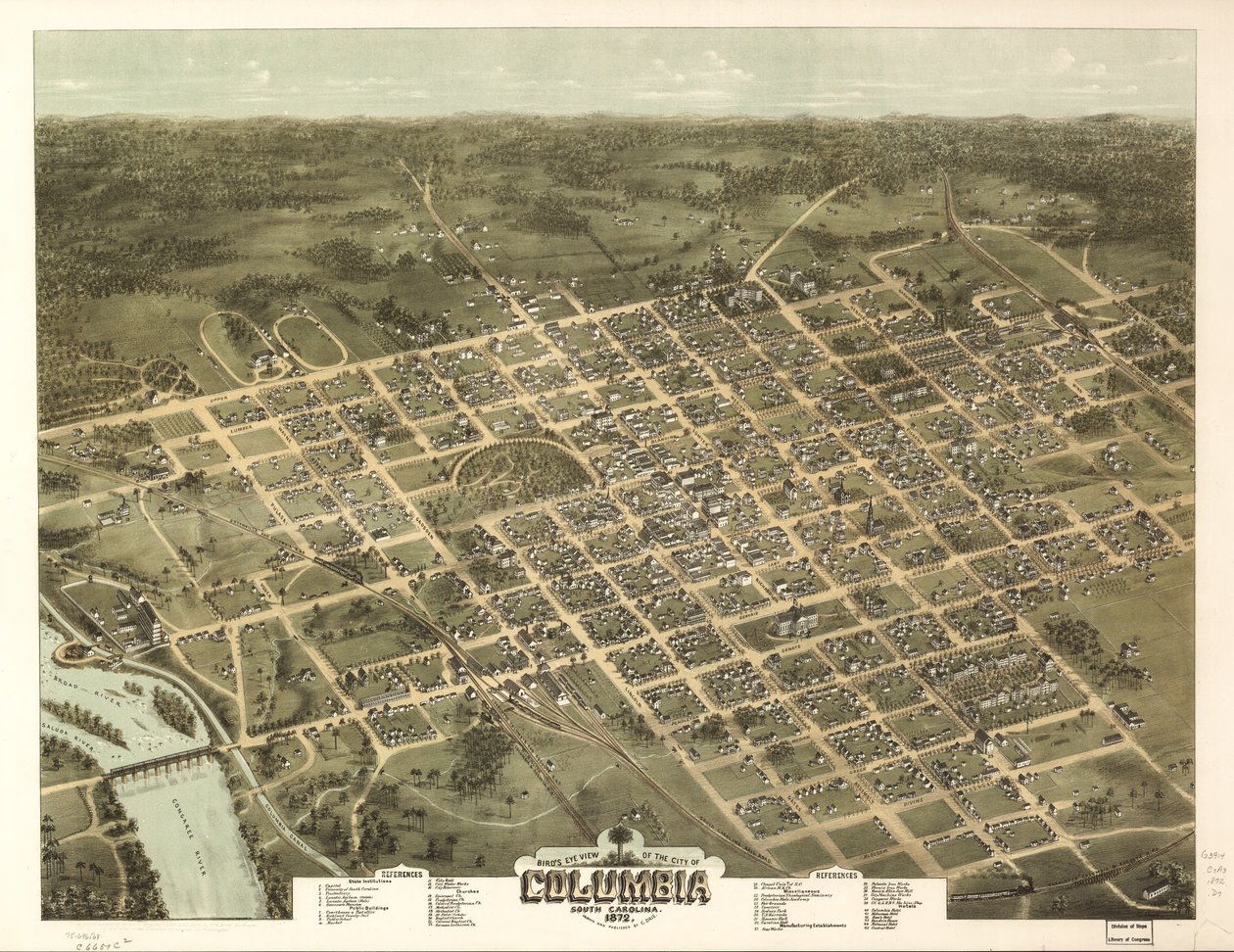 Vogelvlucht van de stad Columbia, South Carolina 1872 door C. N. Drie