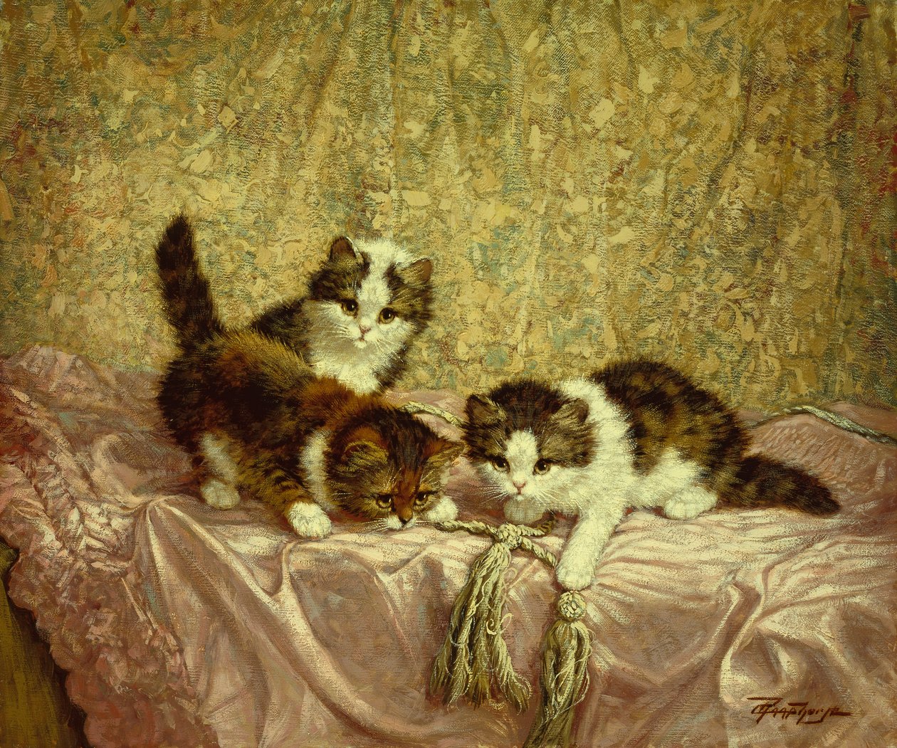 Speelse kittens (olieverf op doek) door C. Raaphorst