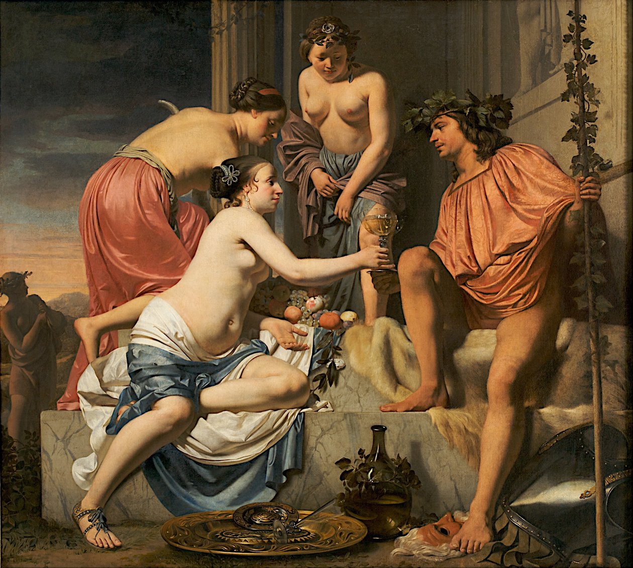 Bacchus op een troon - Nimfen bieden Bacchus wijn en fruit aan door Cesar Boetius van Everdingen