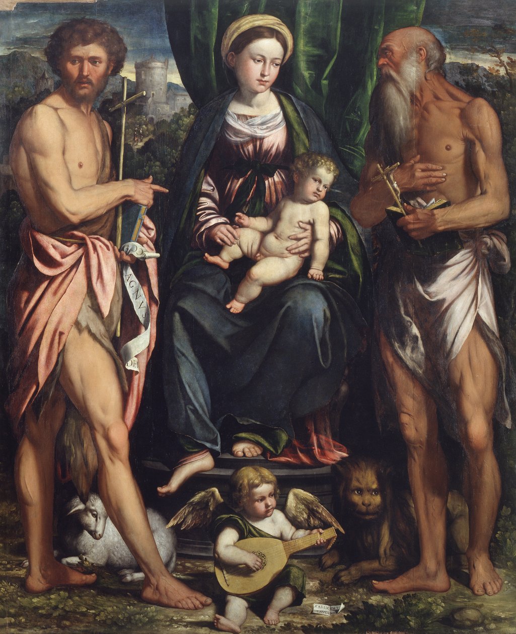 Madonna en Kind met St. Johannes de Doper en St. Hiëronymus door Callisto Piazza