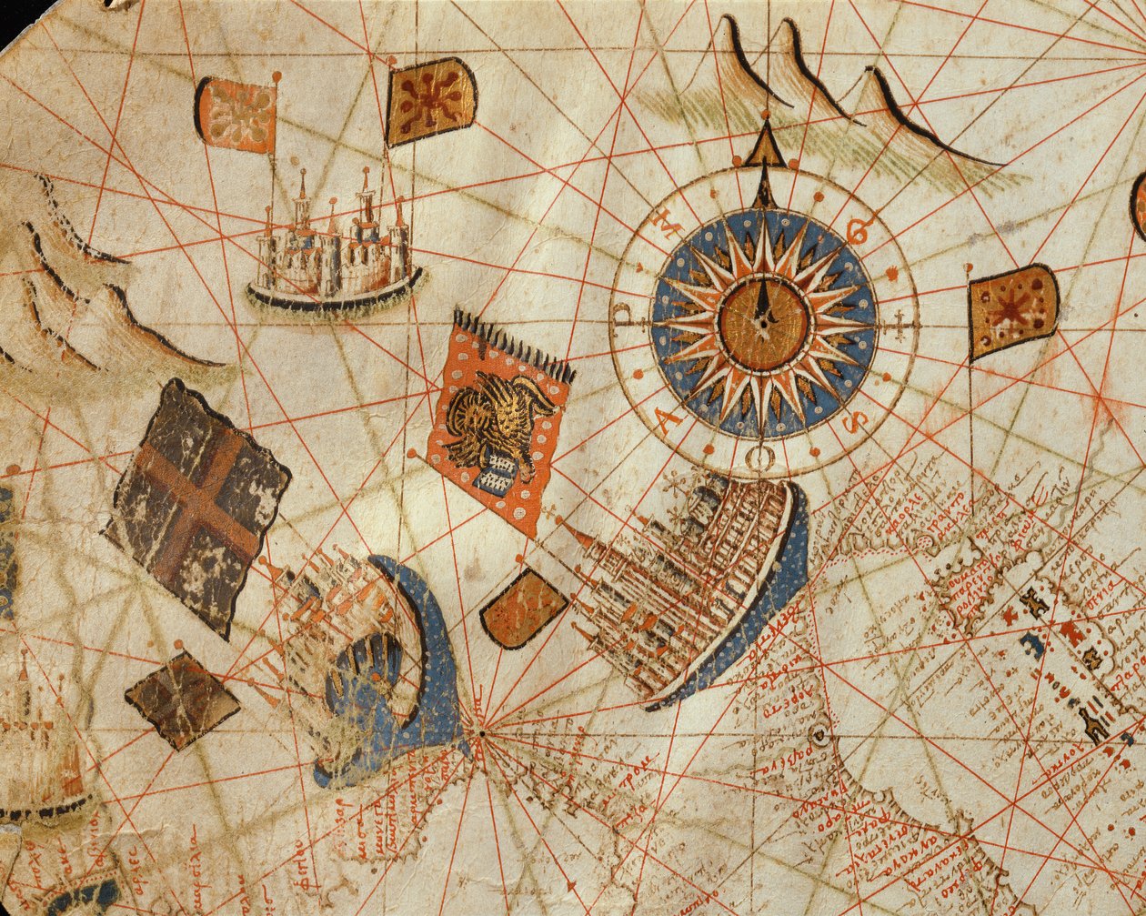 De maritieme steden Genua en Venetië, uit een nautische atlas van de Middellandse Zee en het Midden-Oosten door Calopodio da Candia