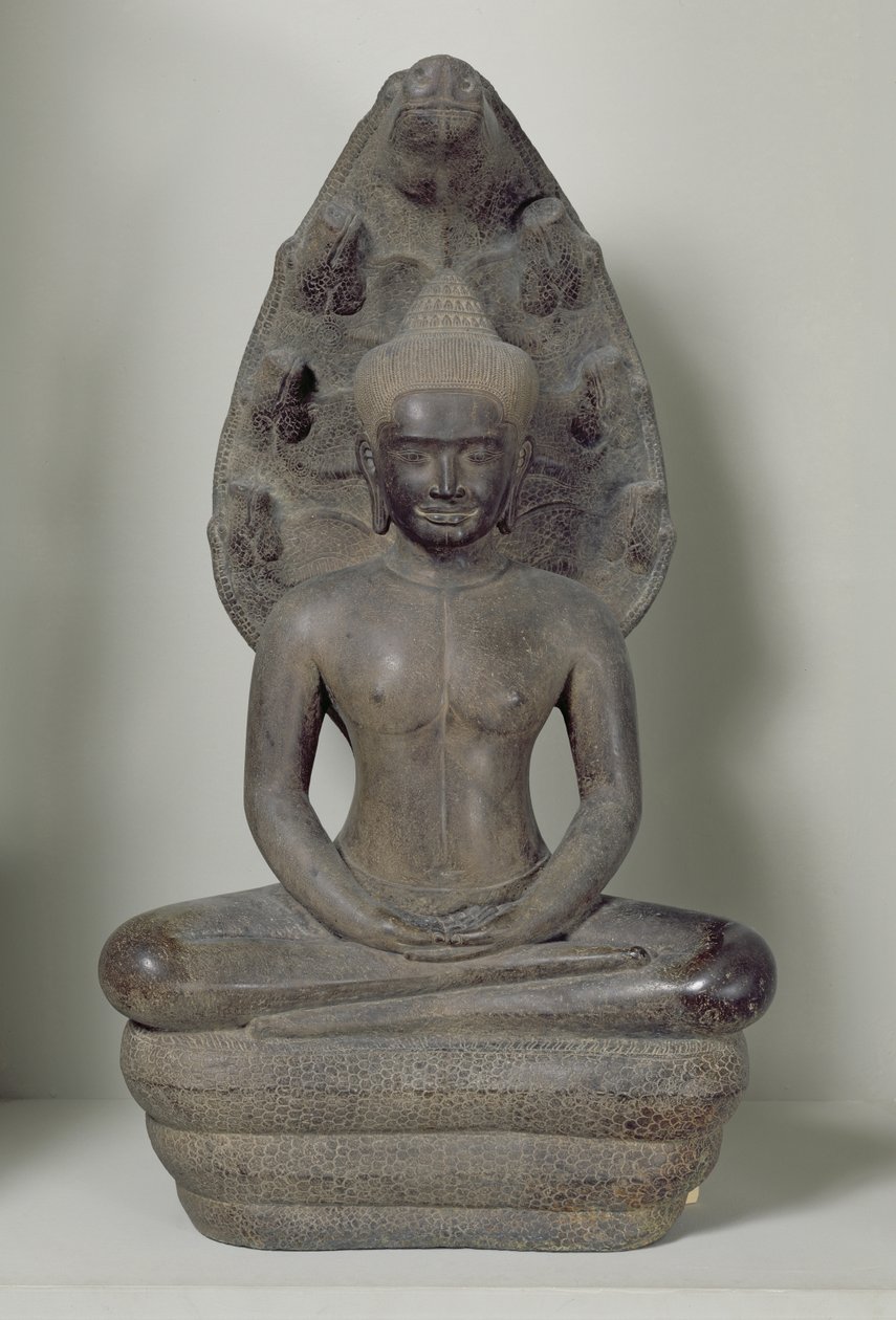 Boeddha zittend in meditatie op de Naga, Angkor (brons) door Cambodian School