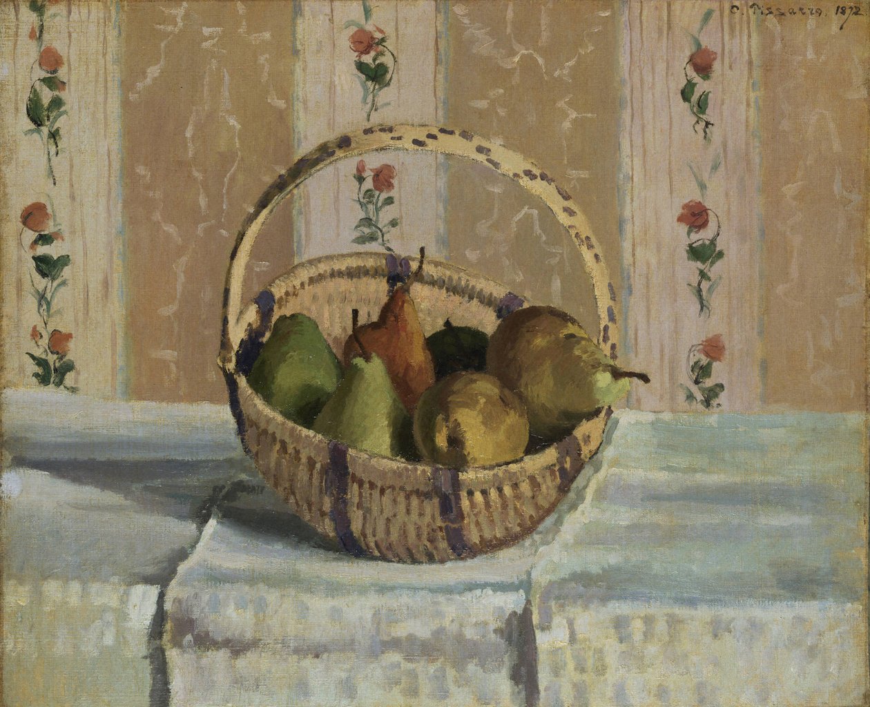 Appels en peren in een ronde mand door Camille Jacob Pissarro