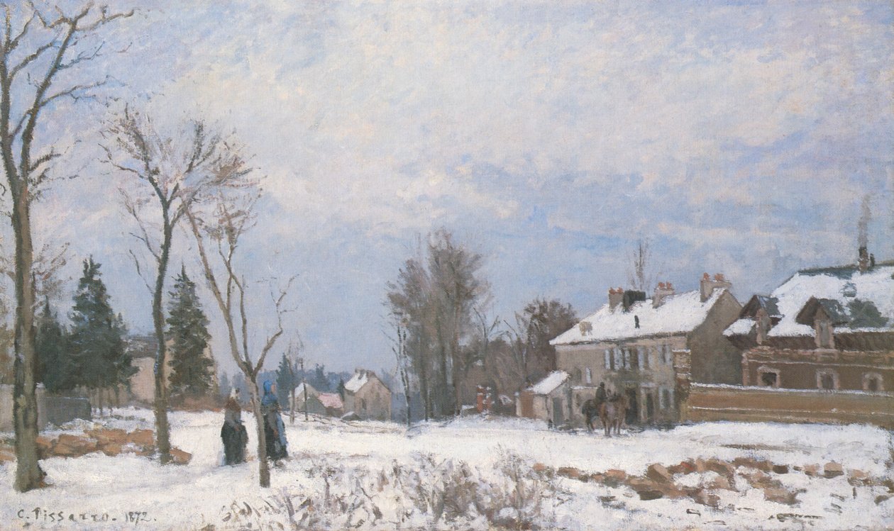 De weg naar Versailles naar Saint-Germain, Louveciennes, sneeuw effect door Camille Jacob Pissarro