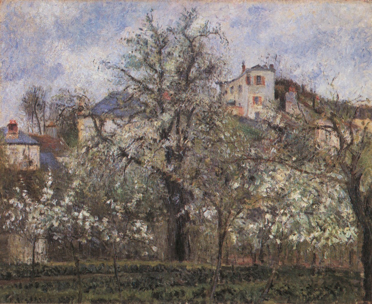 Groentetuin en bloeiende bomen, lente, Pontoise door Camille Jacob Pissarro