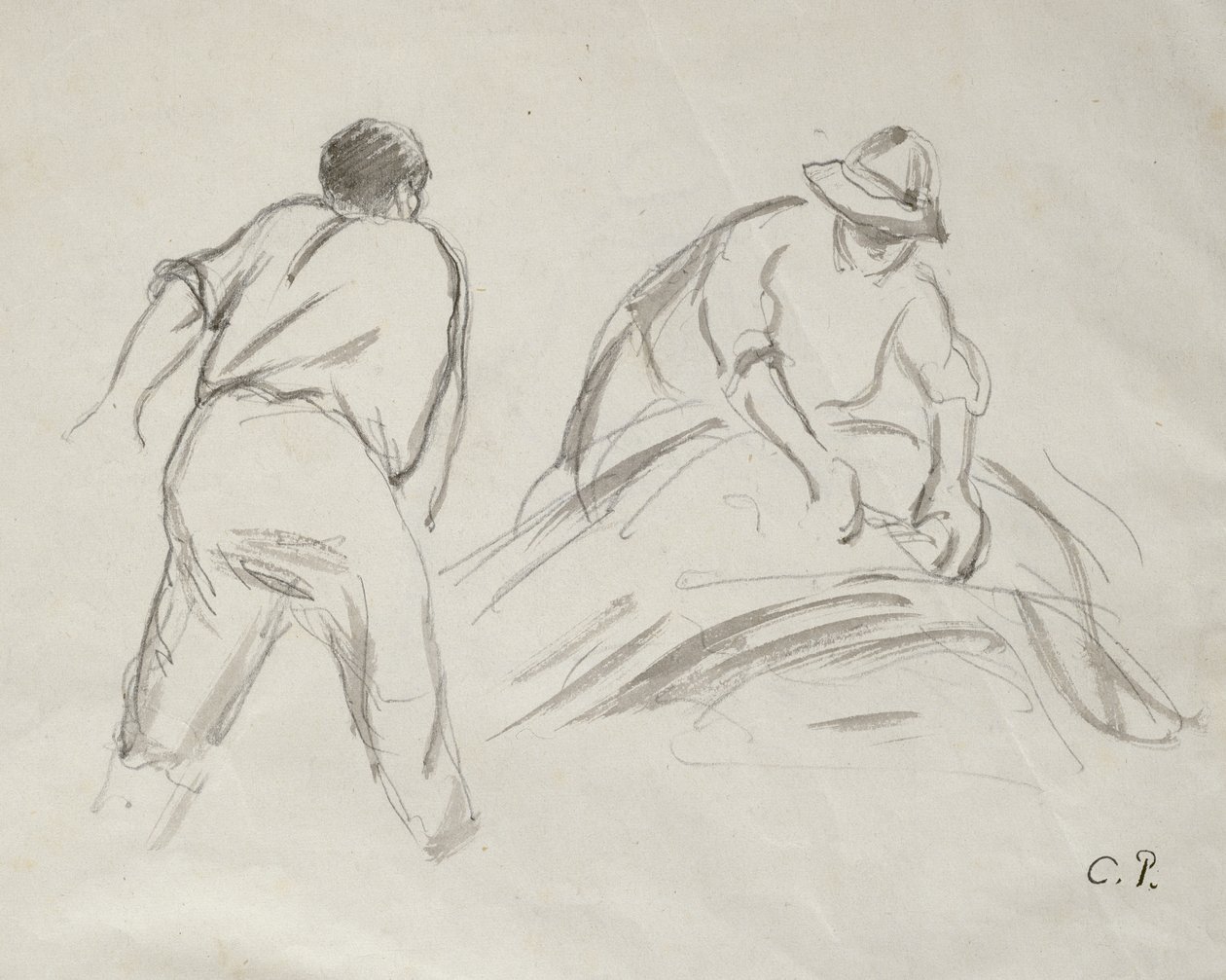 Studies van een Mannelijke en een Vrouwelijke Oogster door Camille Jacob Pissarro