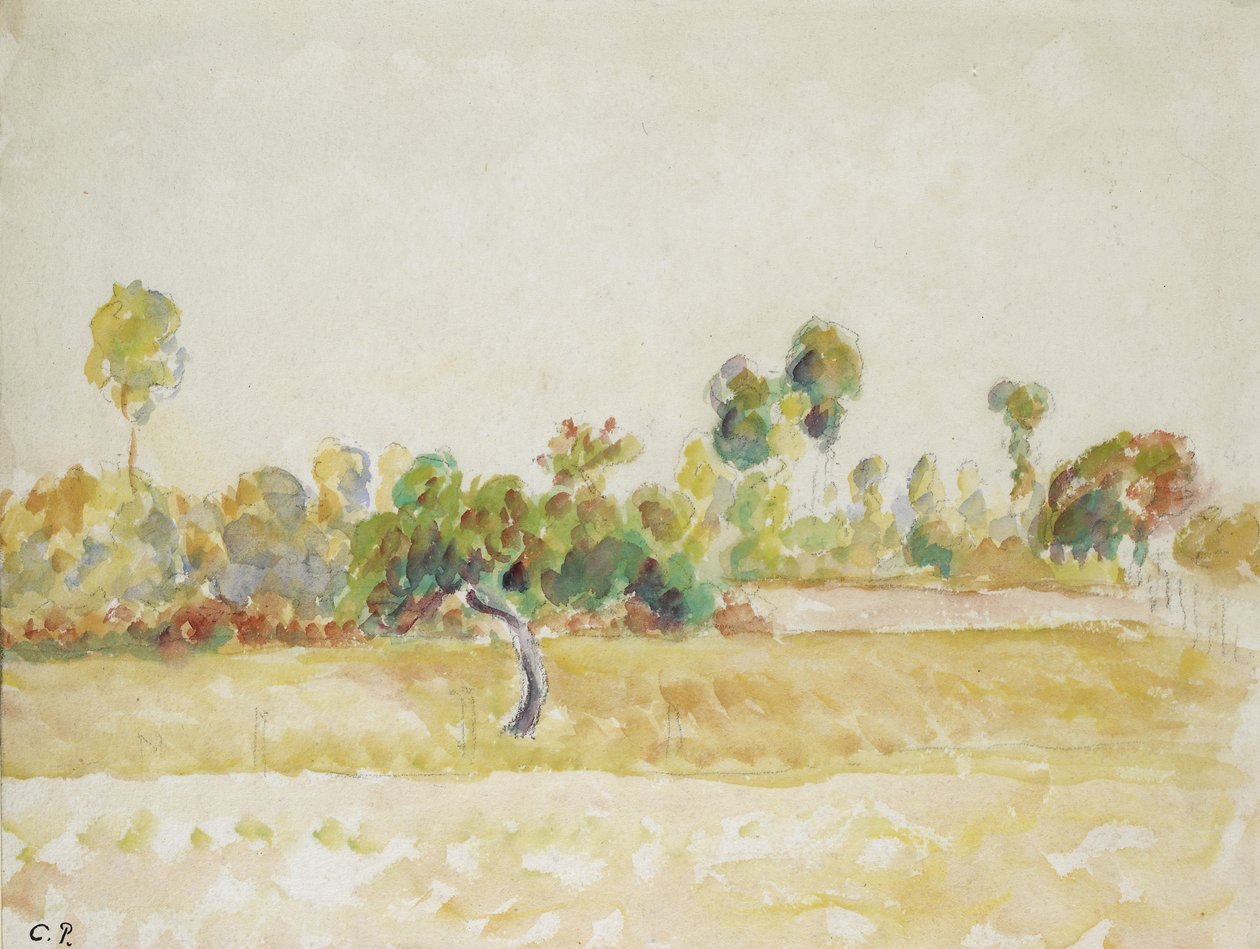 Studie van de boomgaard in Eragny-sur-Epte, gezien vanuit het huis van de kunstenaar, ca. 1886 - 1890 door Camille Jacob Pissarro