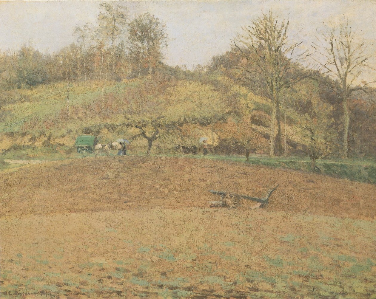 Geploegde velden door Camille Jacob Pissarro