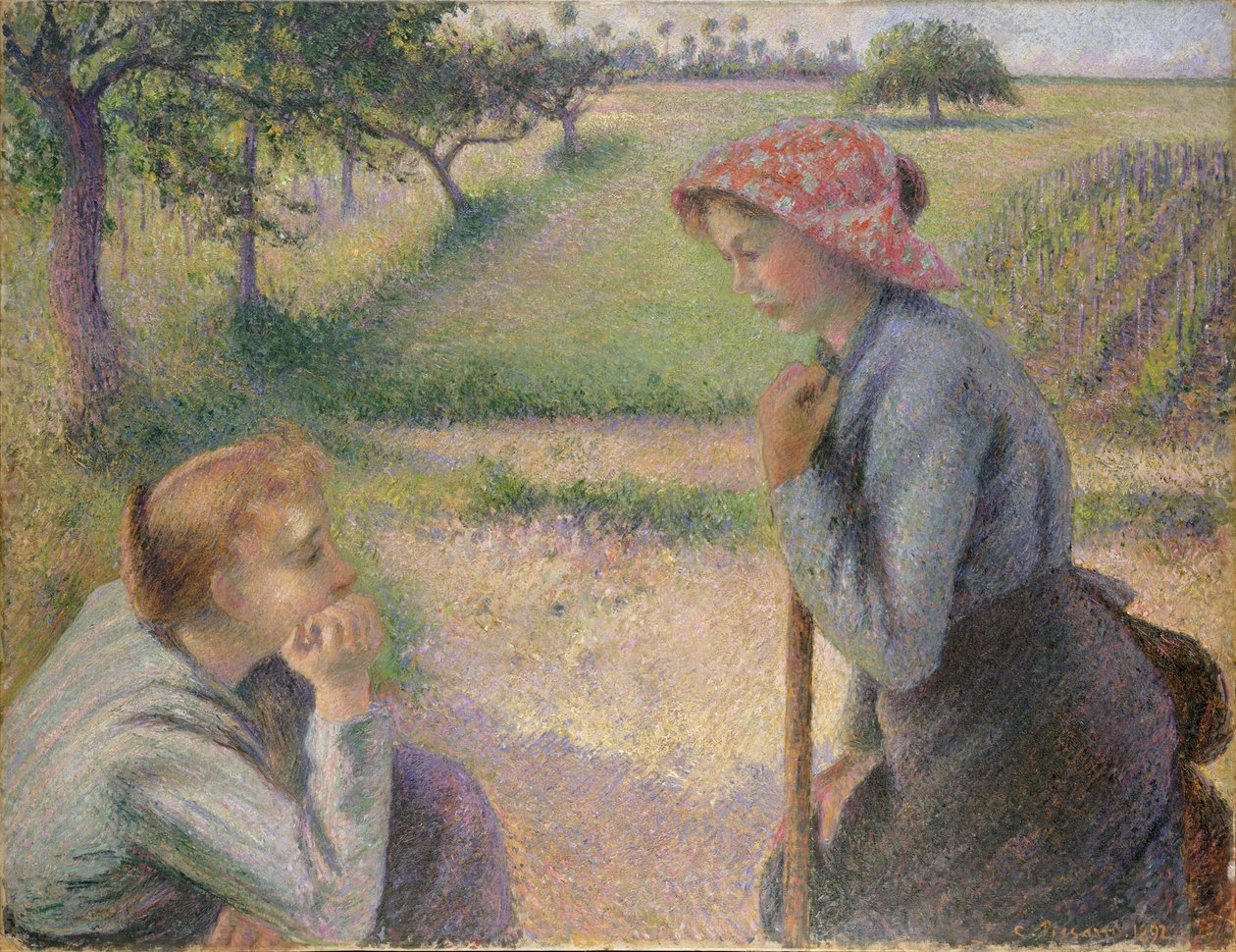 Twee jonge boerinnen door Camille Jacob Pissarro