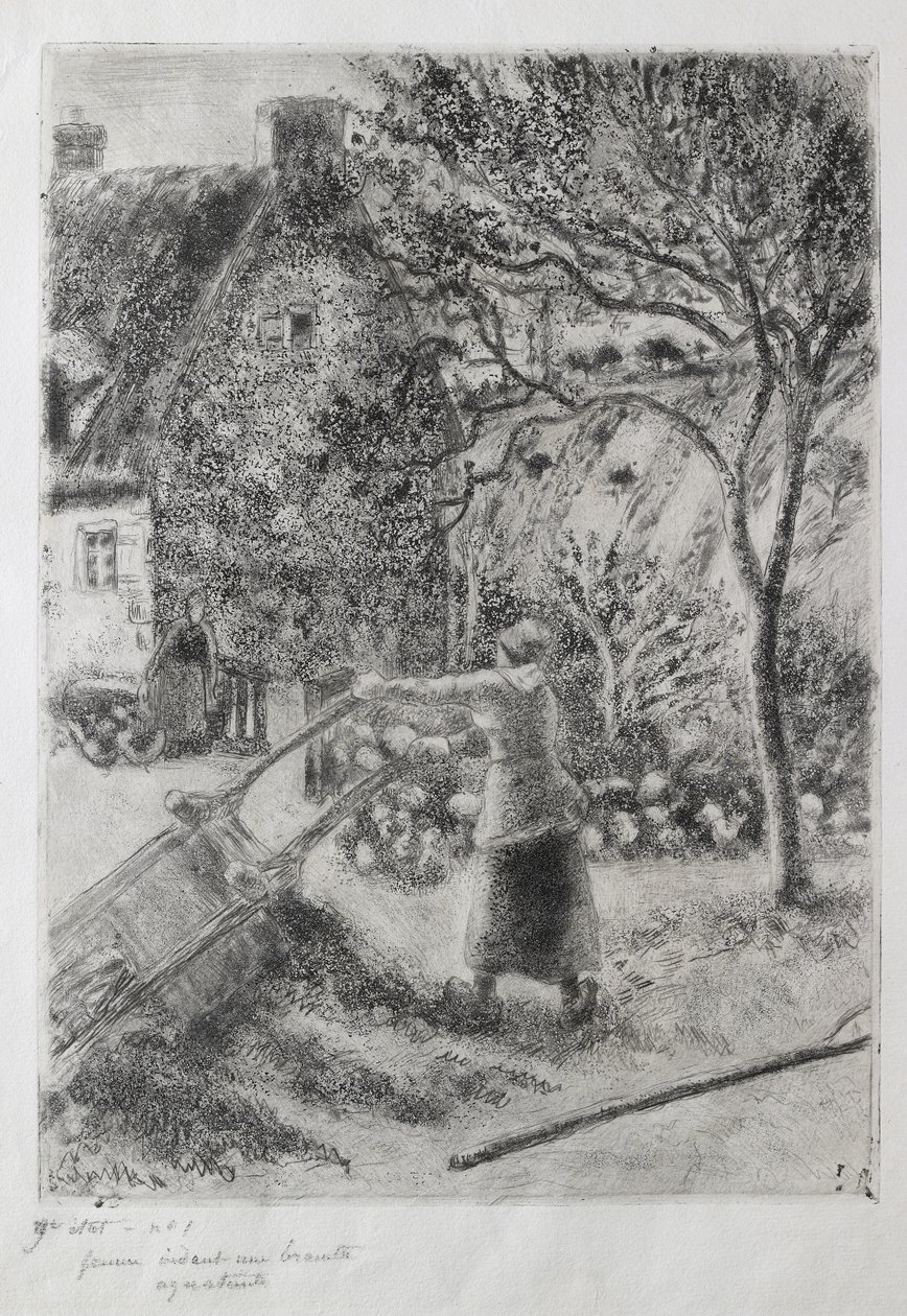 Vrouw die een kruiwagen leegt, 1880 door Camille Jacob Pissarro
