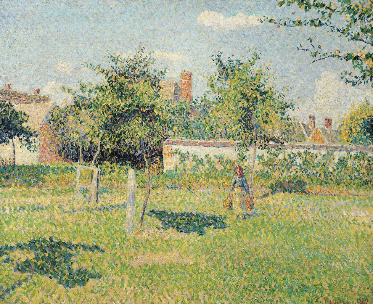 Vrouw in de weide bij Eragny, lente, 1887 door Camille Jacob Pissarro