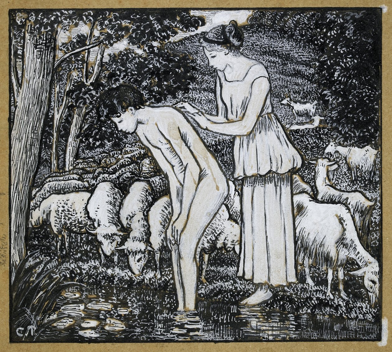 Chloë wast Daphnis bij een stroom, compositiestudie voor een illustratie bij 