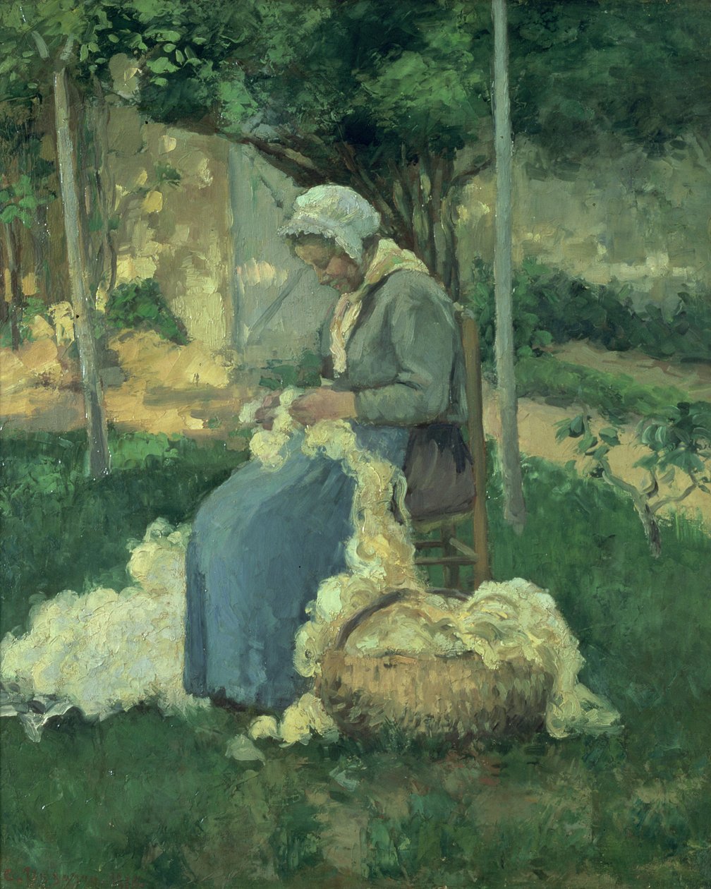 Vrouwelijke Boer Wol Karden, 1875 door Camille Jacob Pissarro