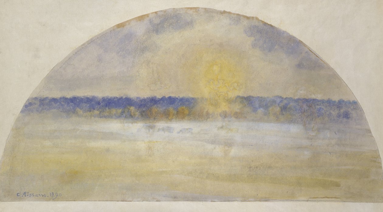 Ondergaande zon en mist, Eragny door Camille Jacob Pissarro