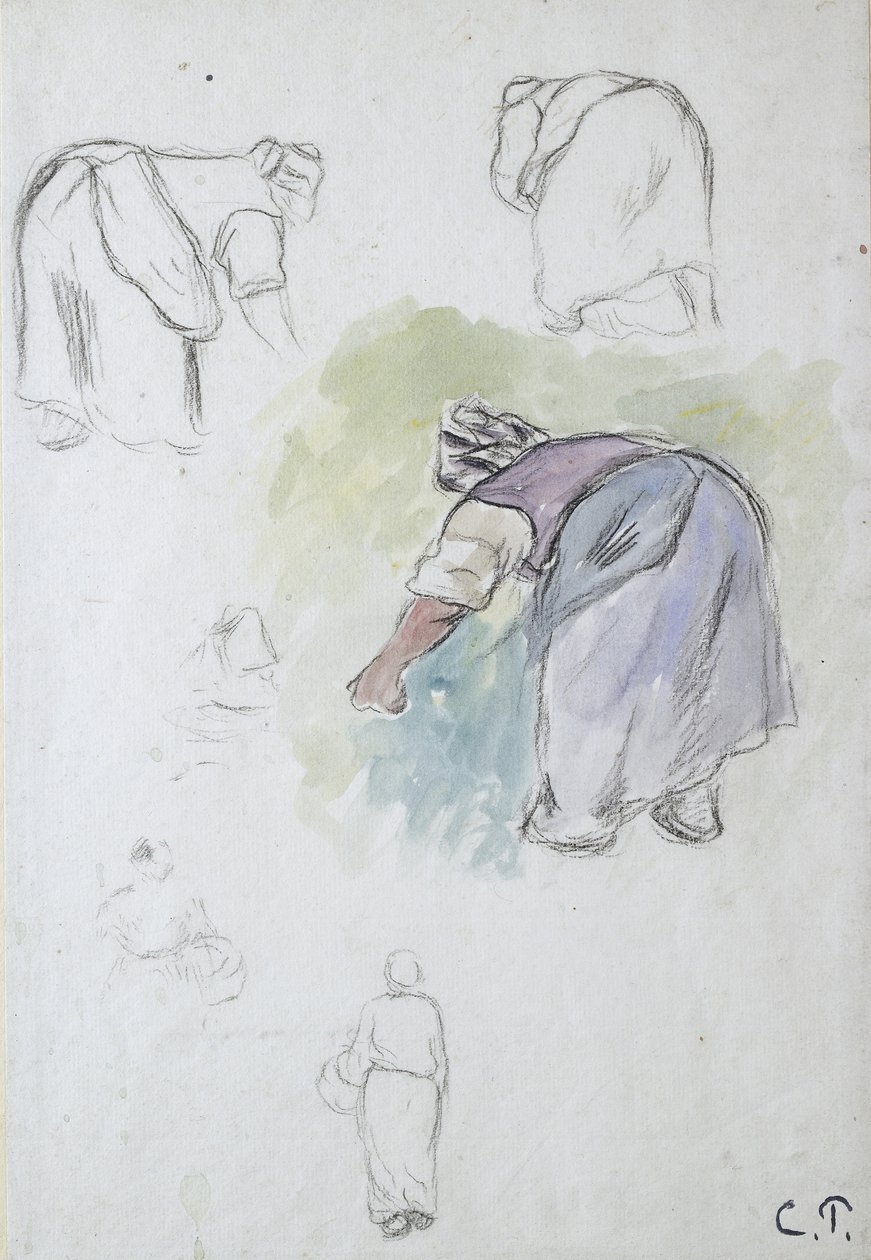Blad met studies: vier studies van een vrouwelijke boerin die bukt, en twee studies van een vrouw met een mand, gezien van voren en achteren, 1874 door Camille Jacob Pissarro