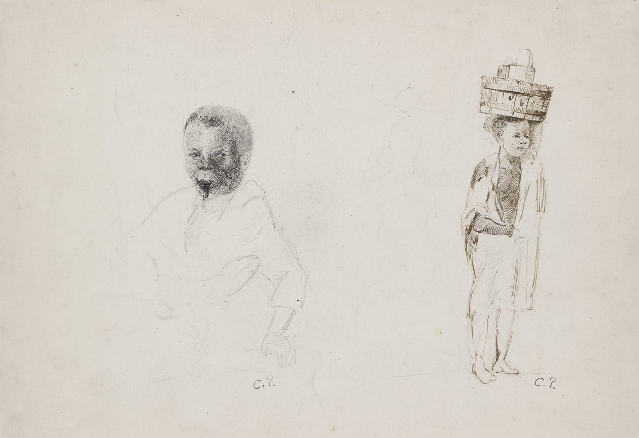Studies van Twee Jonge Jongens met vage aanduidingen van een vrouwelijke figuur, 1852 door Camille Jacob Pissarro