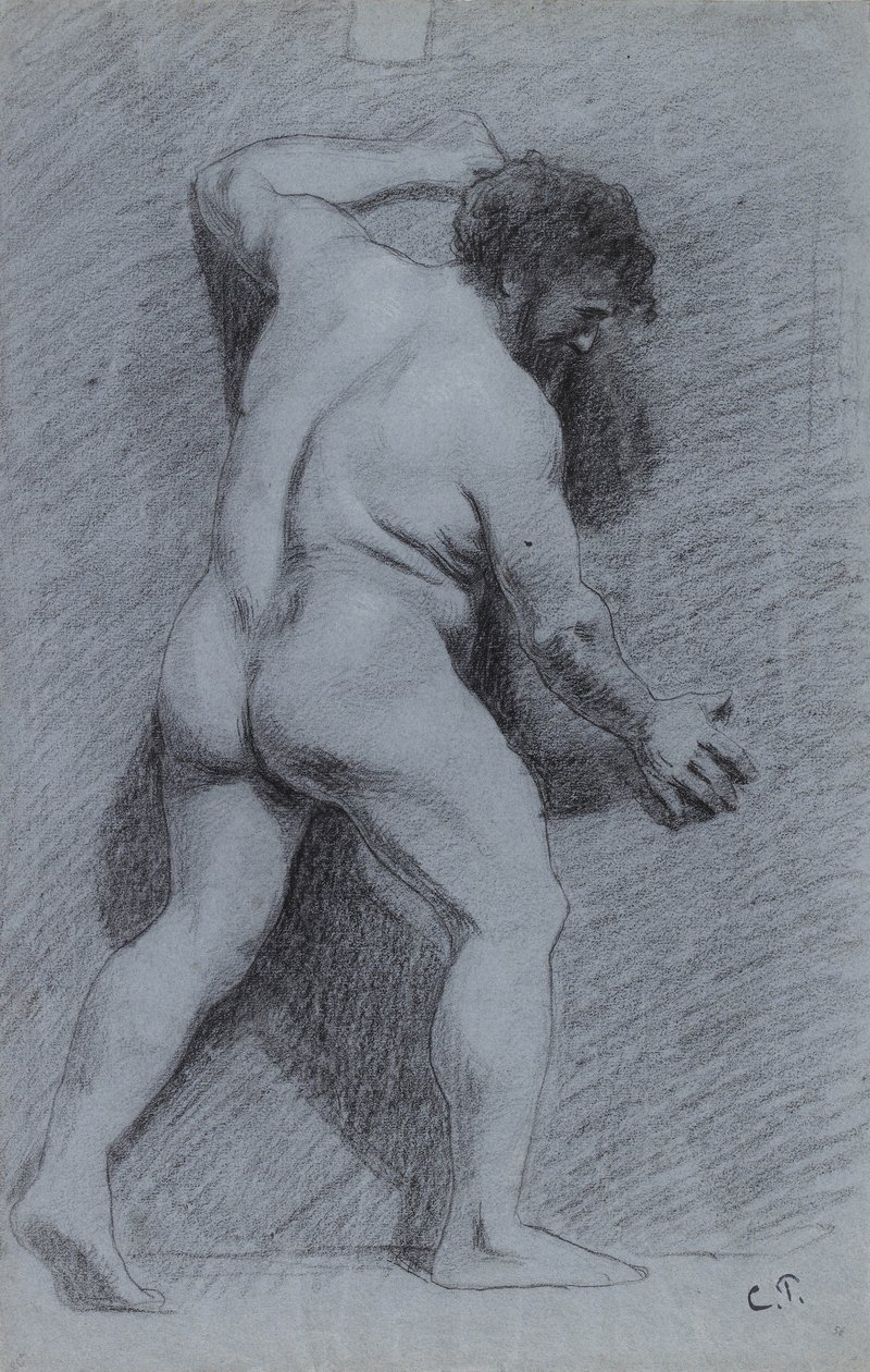 Studie van een mannelijk naakt tegen een muur, in profiel, naar rechts gericht door Camille Jacob Pissarro