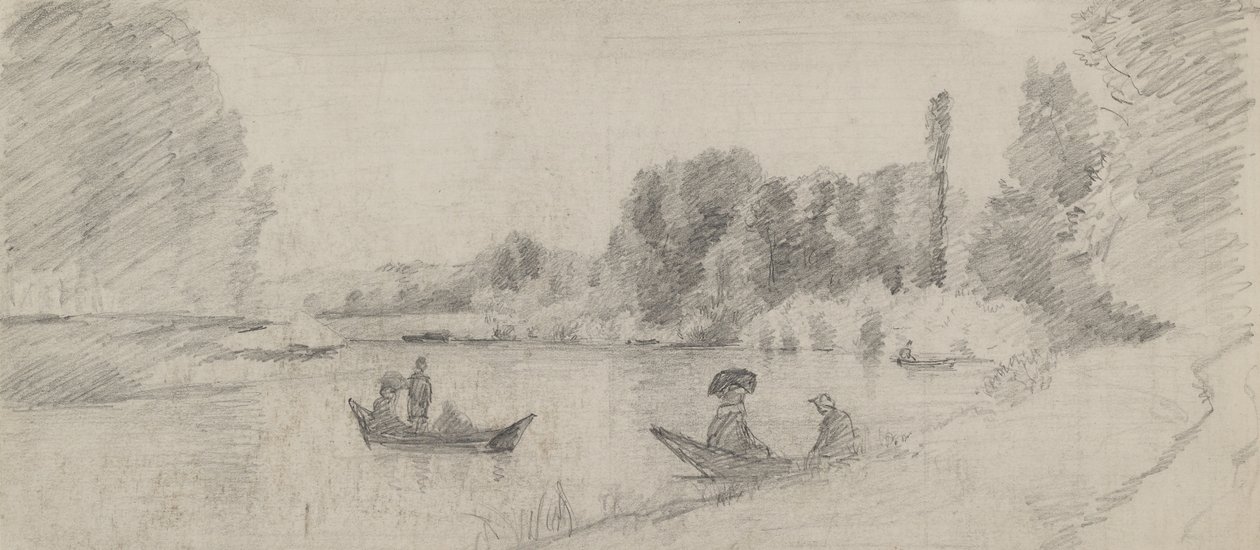 Studie van een rivierlandschap met boten, 1863 - 1864 door Camille Jacob Pissarro
