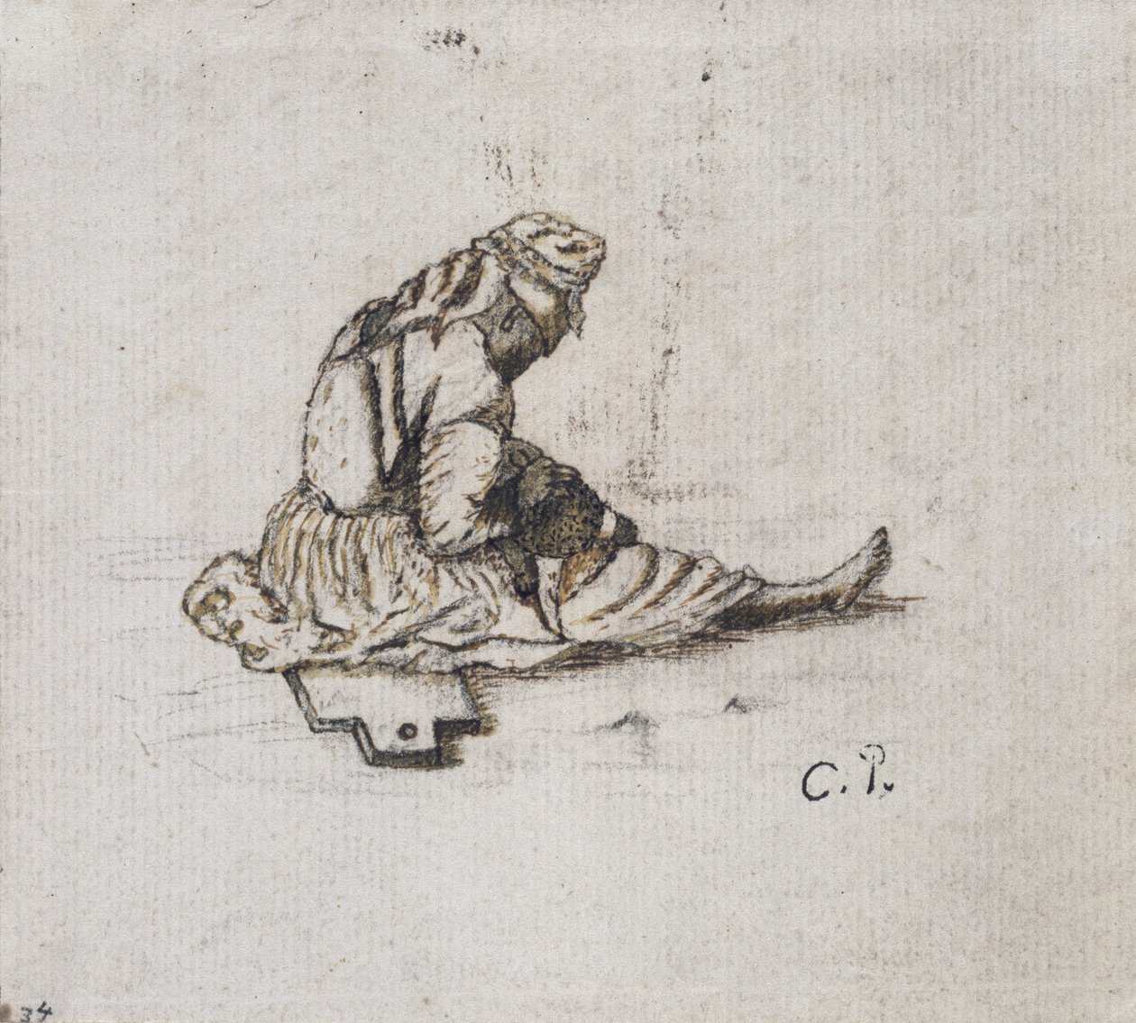 Studie van een zittende vrouwelijke figuur, naaiend door Camille Jacob Pissarro