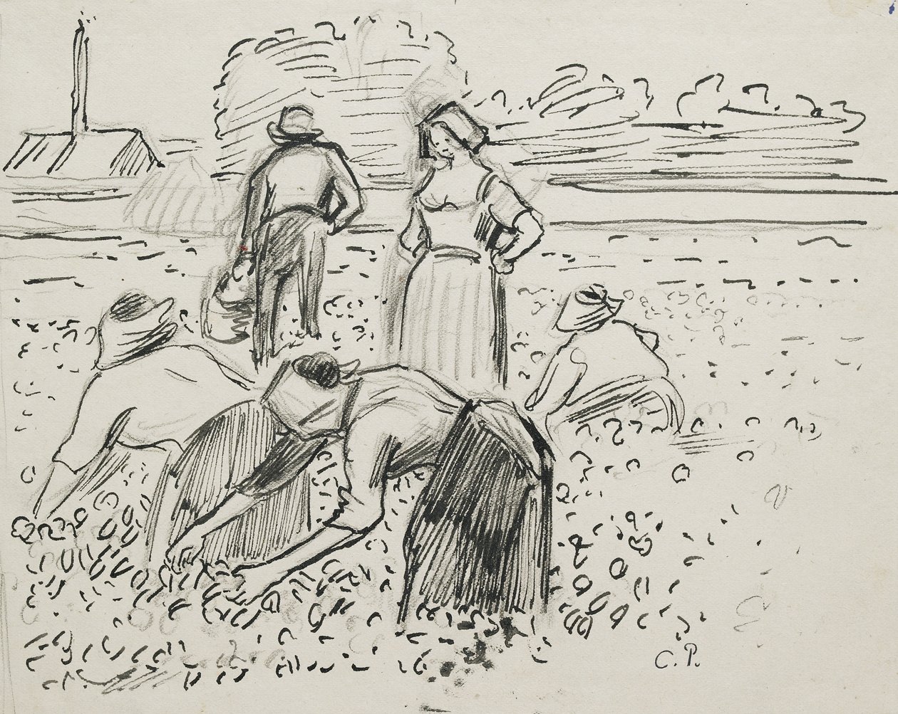 Studie van vijf boerenfiguren die op een veld werken, 1887 door Camille Jacob Pissarro