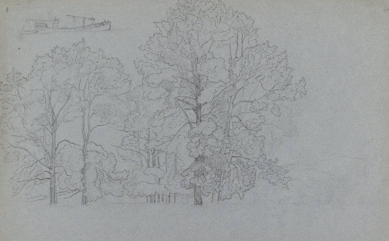 Studie van bomen, met een lichte studie van een schuit, 1859 door Camille Jacob Pissarro