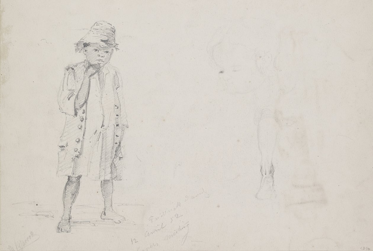 Volledige Studie van een Kleine Jongen met Vage Studies van zijn Gezicht en zijn Linkerbeen van Achteren Gezien, 1852 door Camille Jacob Pissarro