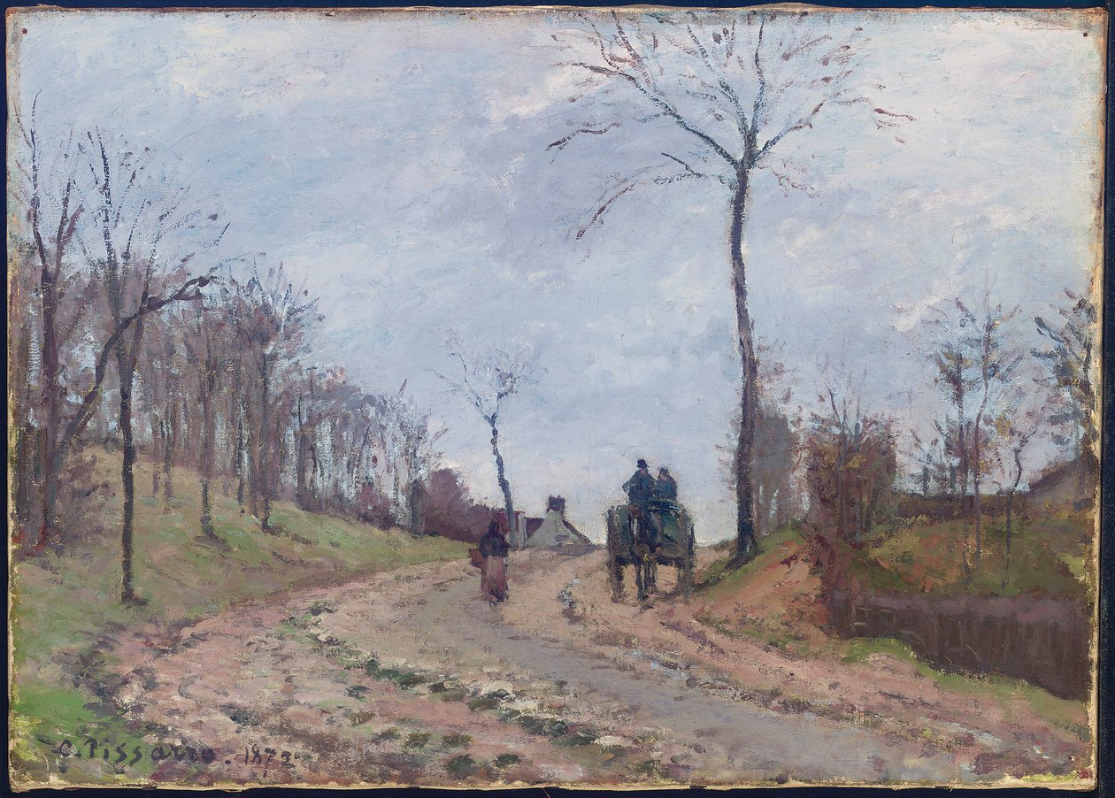 Koets op een landweg, winter, buitenwijken van Louveciennes door Camille Jacob Pissarro