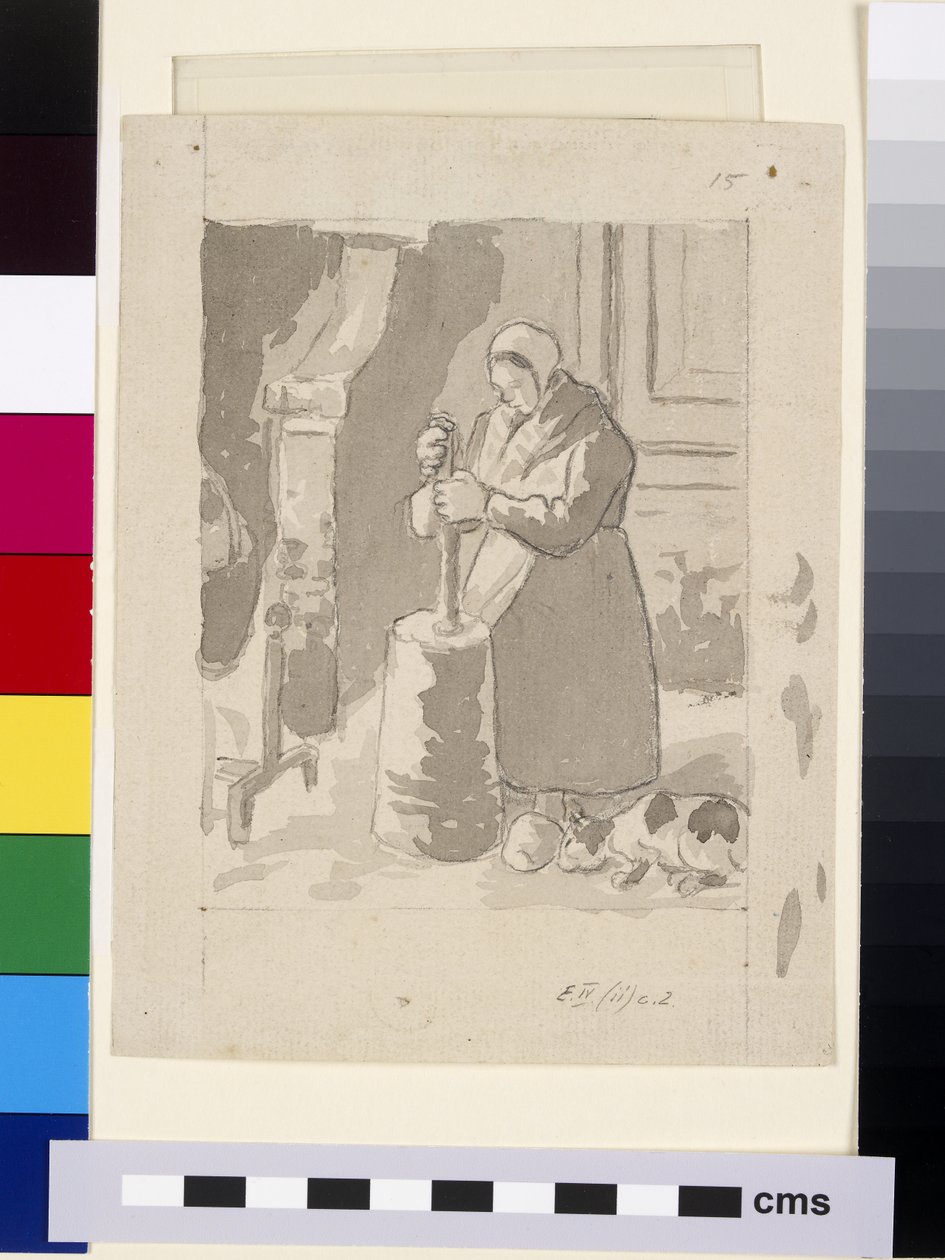 Compositorische studie van een vrouwelijke boerin die boter maakt door Camille Jacob Pissarro
